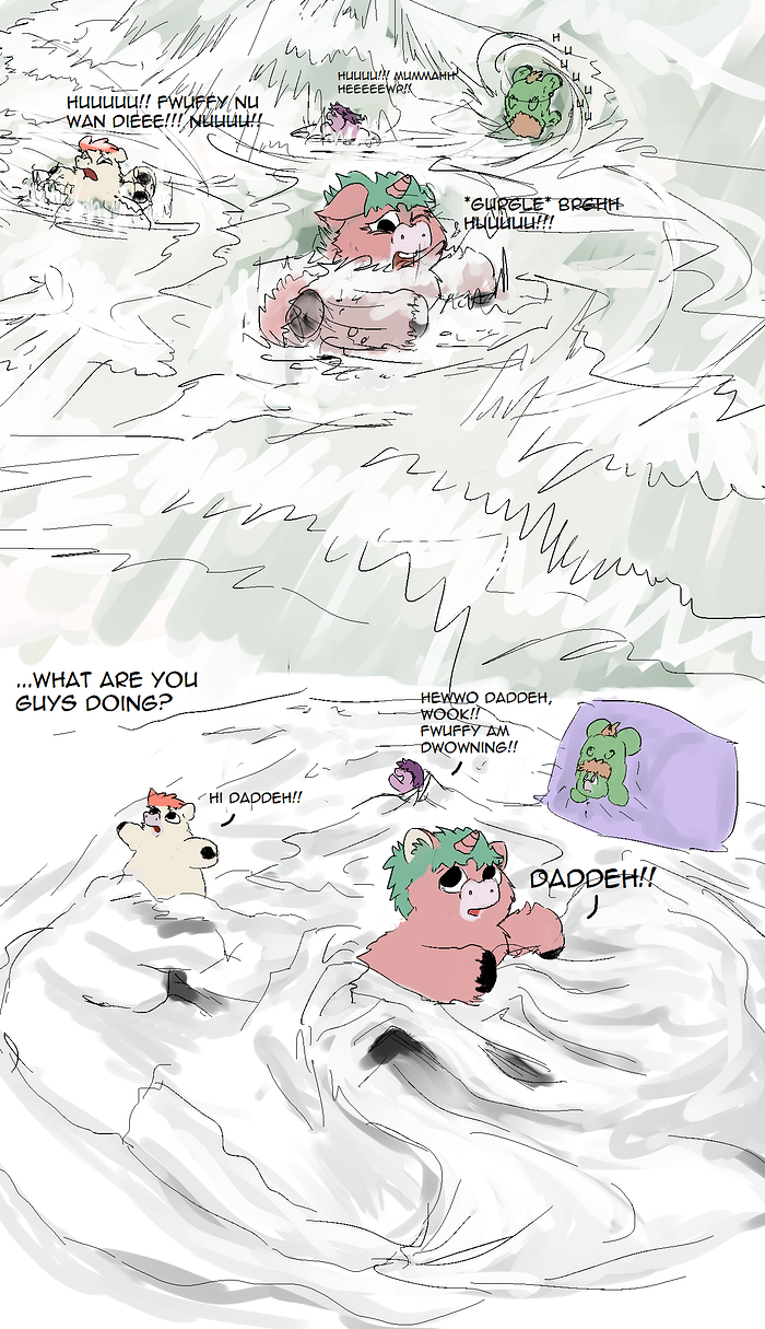Fluffies being swept by a raging river while being buried in the bed