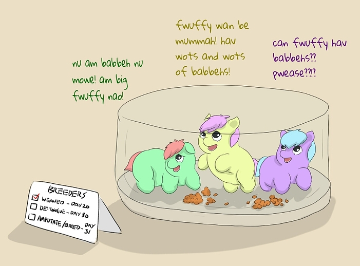 23904 - artist_carpdime breeder breeder_mare factory factory_fluffies filly fluffy_mill foal ignorant impending_abuse impending_amputation kibble safe wan_babbehs weaned weanling