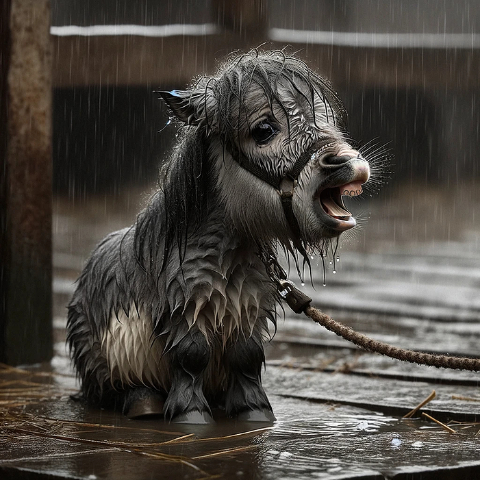 DALL·E 2023-11-14 09.24.25 - A tiny, chubby horse covered in shaggy gray fur, sitting in the rain with its mouth open, as if calling for help. The horse is tied to a post, with te