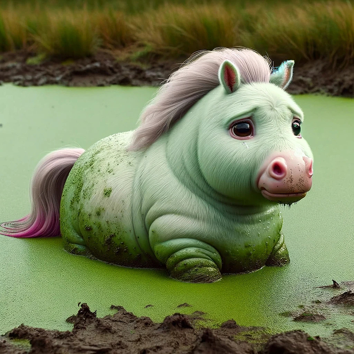 DALL·E 2023-11-12 22.01.42 - A very small, fat, pale green horse partially submerged in a bog. The horse has a plump and round body, with an oversized head, short legs, and a stub