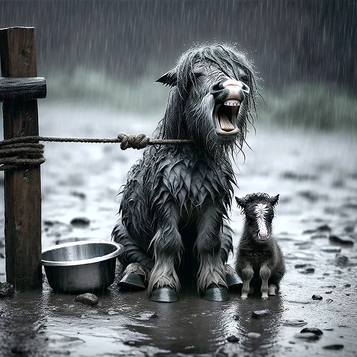 DALL·E 2023-11-14 09.24.16 - A tiny, chubby horse covered in shaggy gray fur, sitting in the rain with its mouth open as if calling for help, next to a small baby horse. The adult